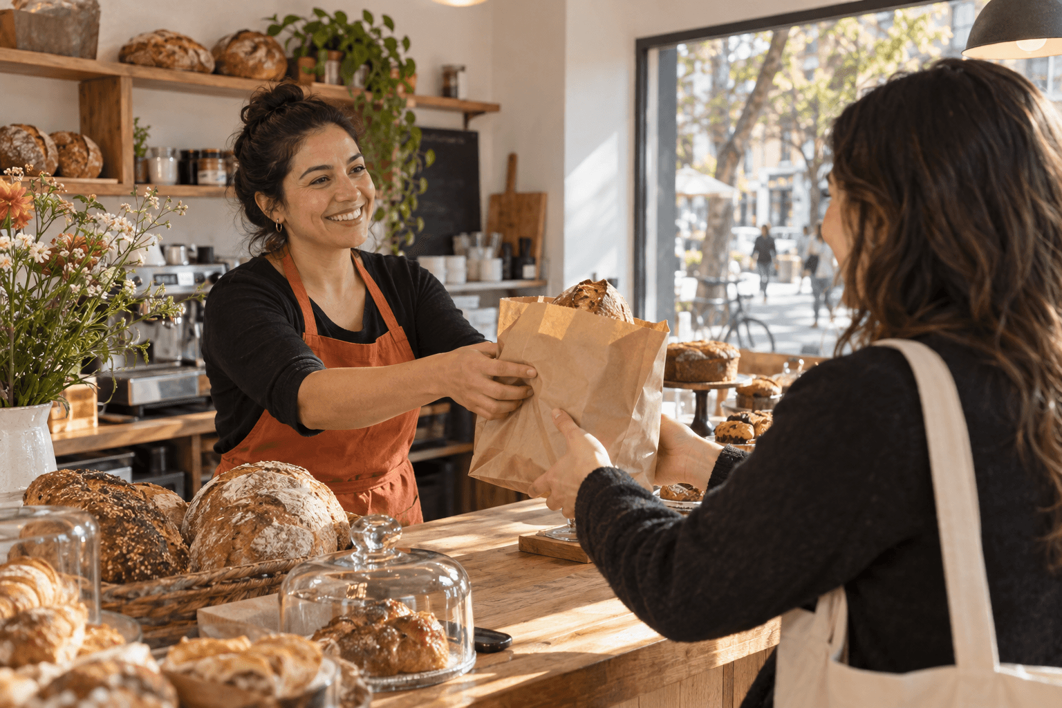 Una comerciante entrega pan artesanal a una clienta en una panadería de la comunidad.