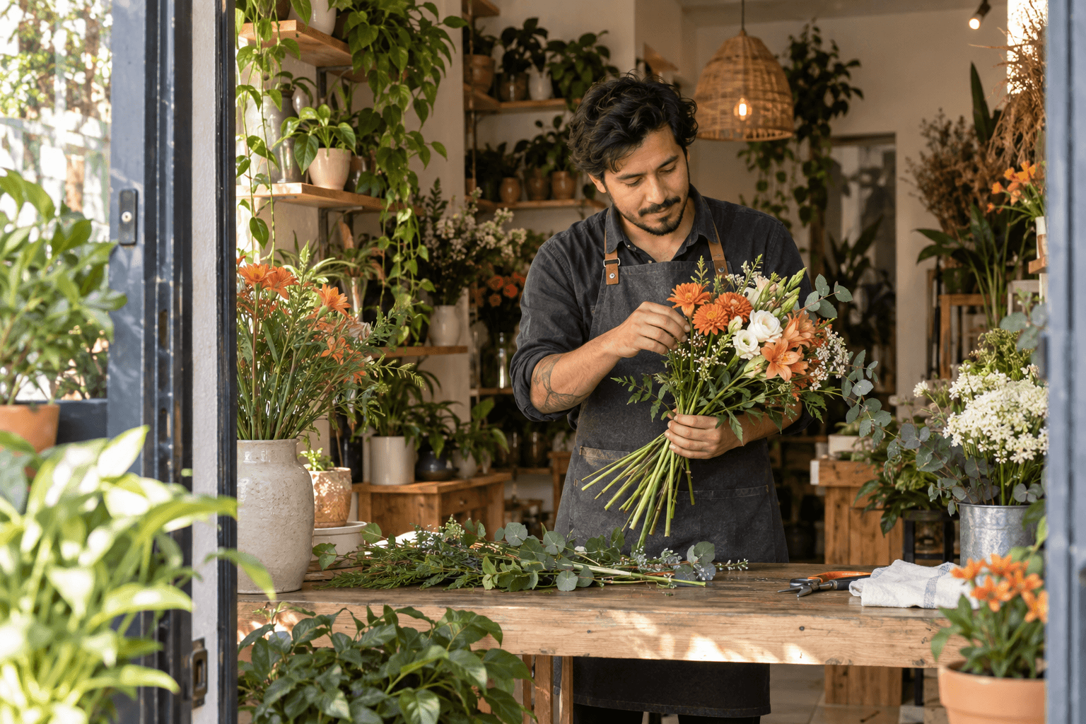 Un florista prepara un ramo en su taller de flores y plantas.