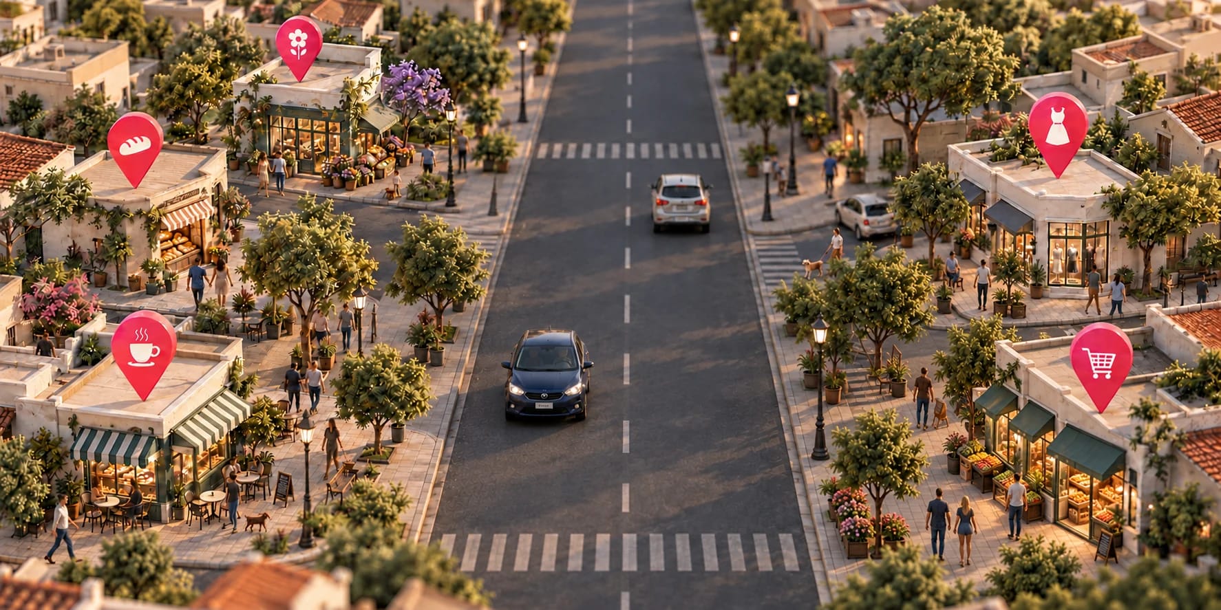 Vista de una comunidad con marcadores sobre sus negocios, personas y perros paseando y dos coches circulando por la calle.